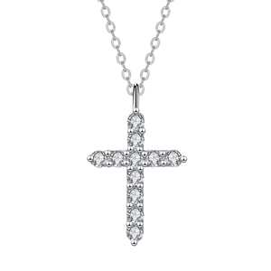 Sparkling S925 silver cross pendant necklace with clear round-cut stones on white background