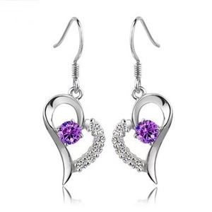 Boucles d'Oreilles Pendantes Coeur Évidé en Argent Sterling 925 Avec Strass Violet Blanc Bijoux Étincelants Cadeau pour Femmes Filles