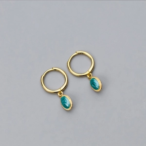 Elegant S925 silver gold-plated hoop earrings with oval emerald green enamel pendants