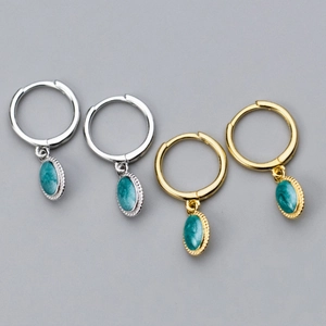 S925 silver oval green turquoise drop earrings set in gold and silver finish