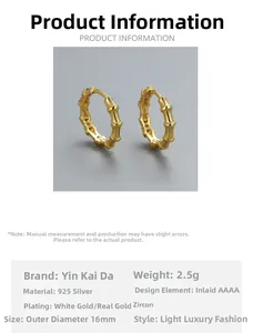 Detail of S925 sterling silver bamboo hoop earrings with AAAA zircons and gold plating