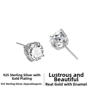 Detailed view of S925 sterling silver stud earring with clear round zircon setting