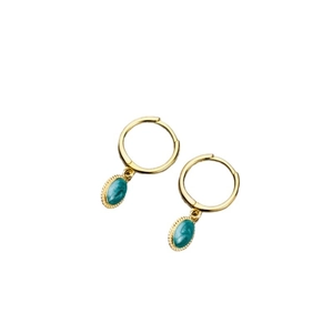 Elegant gold oval dangle earrings with green stone texture and beaded edge on white background