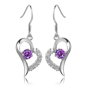Boucles d'oreilles cœur en argent S925 avec pierre violette et diamants blancs