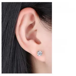 Close-up of S925 sterling silver four-prong stud earring with sparkling cubic zirconia
