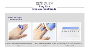 Three-step ring size guide showing how to measure finger circumference with a ruler