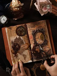 Detail shot of vintage collage scrapbooking kit with maps and antique clocks on wood