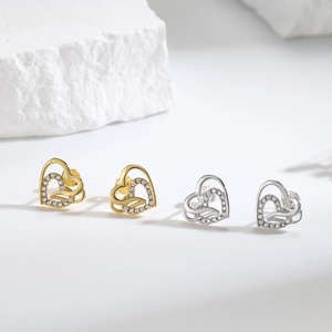 925 Sterling Silver Double Heart Stud Earrings For Women Hollow Interlocking Heart Zirconia Paved Elegant Fine Jewelry Gift