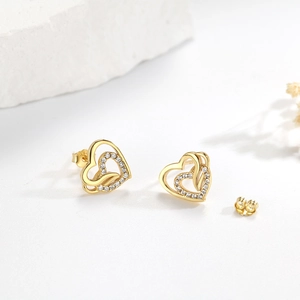 Elegant gold S925 sterling silver double heart stud earrings with sparkling cubic zirconia
