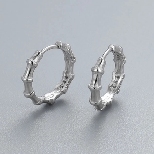 Elegant S925 sterling silver bamboo hoop earrings with fine diamonds and silver finish