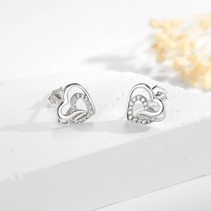 S925 sterling silver interlocking double heart stud earrings with cubic zirconia stones