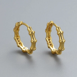 Polished S925 sterling silver bamboo joint hoop earrings in high-end gold finish