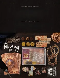 Detailed flat lay of vintage scrapbooking kit with lace, paper butterflies and charms