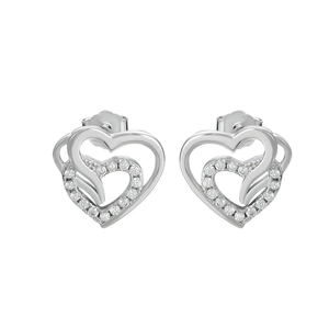 925 sterling silver heart stud earrings with cubic zirconia pave setting in silver color