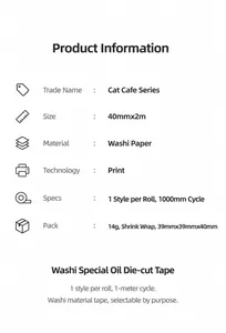 Detailed specifications of Cat Cafe Washi Tape with size 40mmx2m and 1000mm cycle