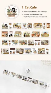 Detail view of Washi tape showing cat cafe illustrations and 40mm x 2m size specifications