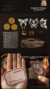 Detail of vintage DIY scrapbook kit featuring PET stickers, lace, and retro button decorations