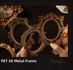 Detail of vintage 3D PET metal-style stickers with ornate bronze frame designs