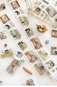 Detailed view of cat cafe theme washi tape with hand-drawn black and white illustrations