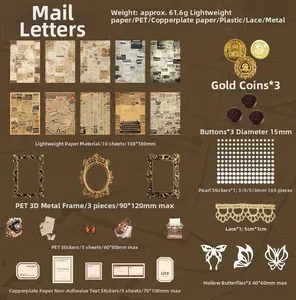 Detail of vintage scrapbooking kit featuring PET stickers and lace for DIY journal crafts