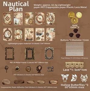 Flat lay of Vintage Nautical themed scrapbooking kit with PET stickers and metal charms