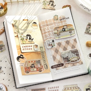 Cat cafe themed washi tape set featuring retro coffee shop scenes and cute cat illustrations