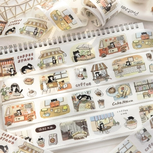 Japanese cafe style cat themed washi tape for journaling and decorative scrapbooking