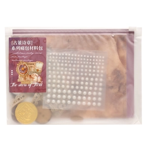 Vintage DIY material kit for bag decoration with faux pearls, lace, and embossed badges
