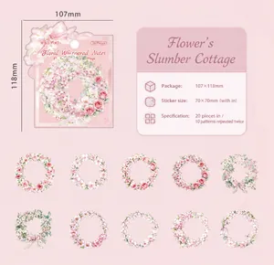 Detail view of 10 unique floral wreath sticker designs in a 20-piece PET material pack