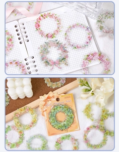 Detail showing 20 pieces of PET floral wreath stickers for DIY scrapbooking and journals