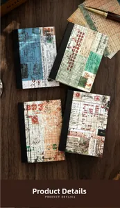 Close-up of four vintage junk journal notebooks on dark wood with retro pen detail