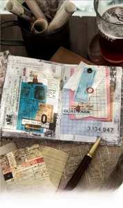 Vintage newspaper collage stickers with retro receipts and tags on a wooden desk