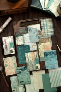 Macro detail of vintage ephemera stickers and aged bill papers for DIY scrapbooking