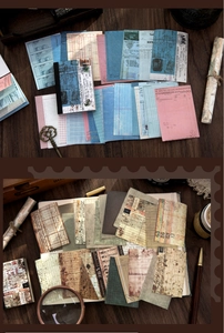 Detailed view of vintage scrapbook paper set featuring aged receipts and floral prints