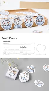 Macro detail of cute cat bowl stickers showing 40mm size and high quality printing