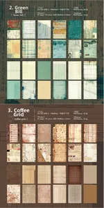 Detail of vintage bill theme washi stickers featuring green and coffee aesthetic designs