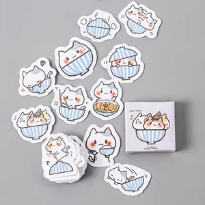 Cute cartoon cat and blue bowl stickers set with decorative box for DIY planners