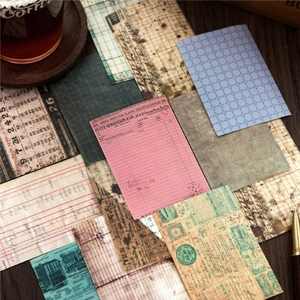 Retro scrapbook stickers set with vintage bills and botanical designs on dark wood background