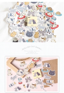 Detailed view of feline theme stickers and mini storage box for DIY stationery scrapbooking