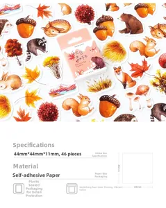 Close-up of autumn stickers set with maple leaves, pine cones and forest animal designs