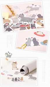 Detail of cartoon cat stickers in polaroid collage style for DIY scrapbooking