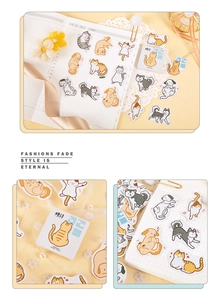 Macro detail of boxed DIY stickers with cute cat and dog illustrations for journaling