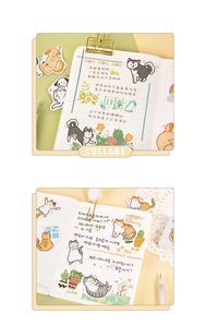 Detailed view of DIY scrapbook setup featuring cute cartoon cat and dog stickers with collage