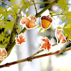 Autumn forest sticker set with squirrels and maple leaves for planner decoration