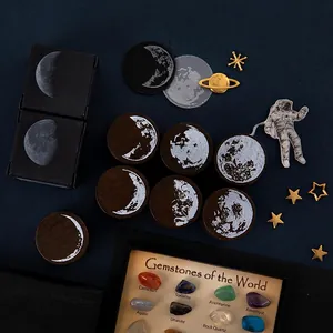 Vintage wooden moon phase stamps set with circular moon cycle designs for DIY journals