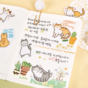 Cute box set of cat and cactus stickers for DIY scrapbooking and notebook decoration
