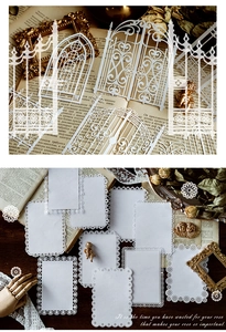 Detailed macro view of white hollow lace paper borders and vintage castle window shapes