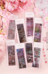 Macro view of cherry blossom PET stickers with cute Shiba Inu and cat designs