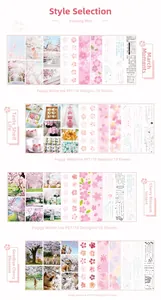 Detailed four-panel view of cherry blossom PET stickers with matte white ink printing