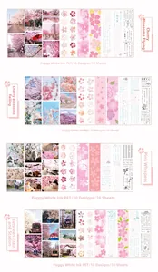 Detail of matte white ink PET stickers featuring cherry blossom landscapes and cat themes